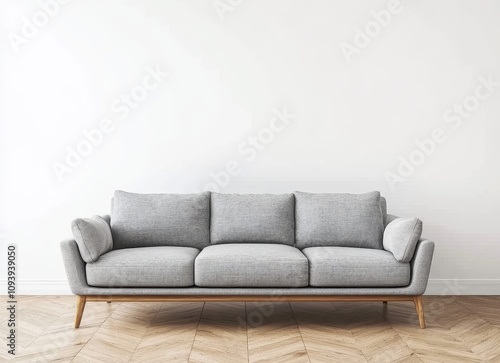 A modern grey sofa with wooden legs sits in front of a white wall and hardwood floor.