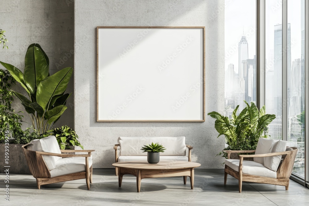 A minimalist living room with a large empty frame on the wall, two white armchairs and a wooden coffee table, all surrounded by plants. The room has large windows with a view of a cityscape. A minimalist living room with a large empty frame on the wall, two white armchairs and a wooden coffee table, all surrounded by plants. The room has large windows with a view of a cityscape.