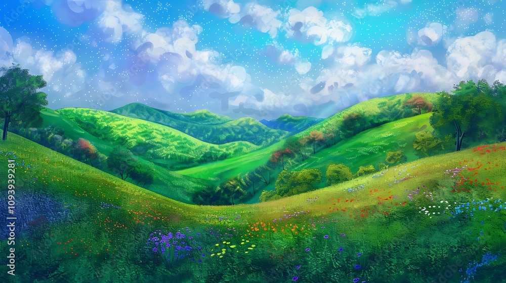 A prismatic pastoral landscape featuring rolling green hills dotted with vibrant, multicolored flowers, created using a pointillist technique for a shimmering effect. 8k UHD, suitable for high-quality A prismatic pastoral landscape featuring rolling green hills dotted with vibrant, multicolored flowers, created using a pointillist technique for a shimmering effect. 8k UHD, suitable for high-quality