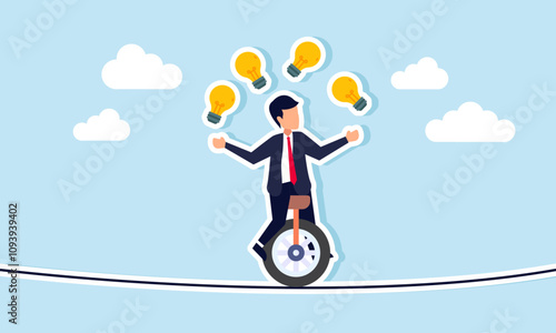 A businessman rides a unicycle on a tightrope while juggling several lightbulbs, illustration of take risk decisions in choose the right business ideas and innovations