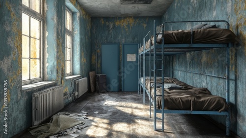 A student dormitory left in disrepair, featuring rusted bunk beds and faded walls marked by time. 