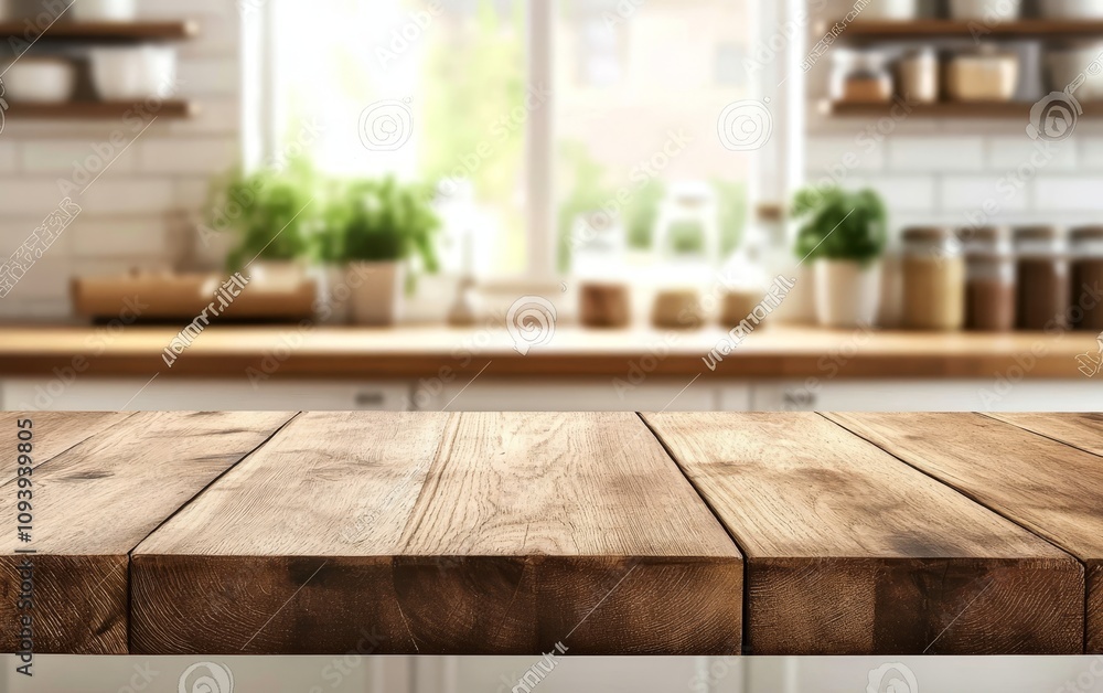 Wooden table top with a blurred background of a kitchen. Wooden table top with a blurred background of a kitchen.