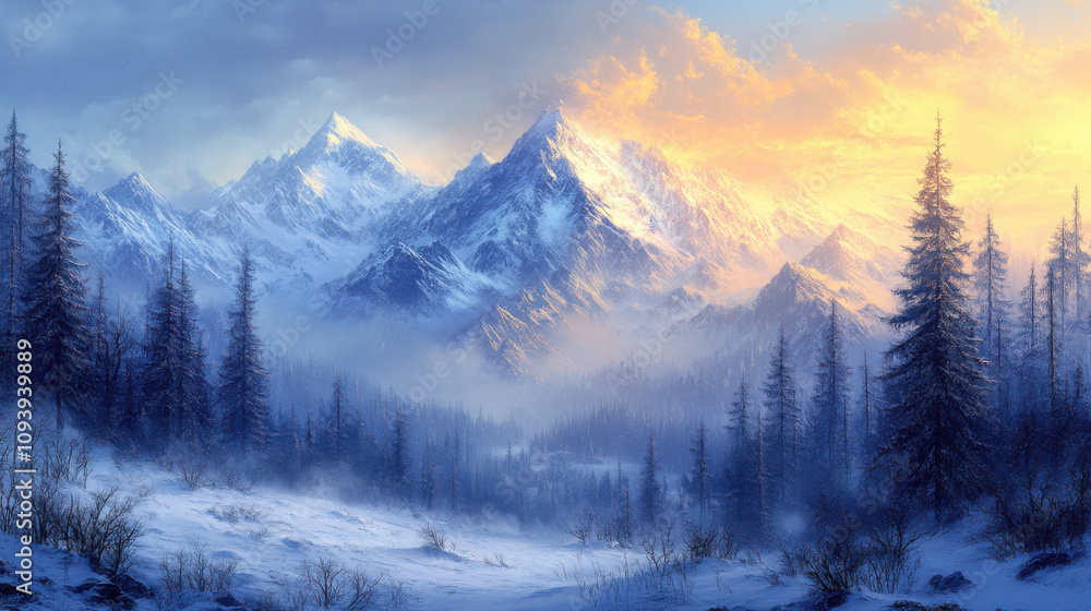 Winter Landscape with Snow-Covered Mountains and Forest, Serene Cold Nature Scene, Sunset View Winter Landscape with Snow-Covered Mountains and Forest, Serene Cold Nature Scene, Sunset View