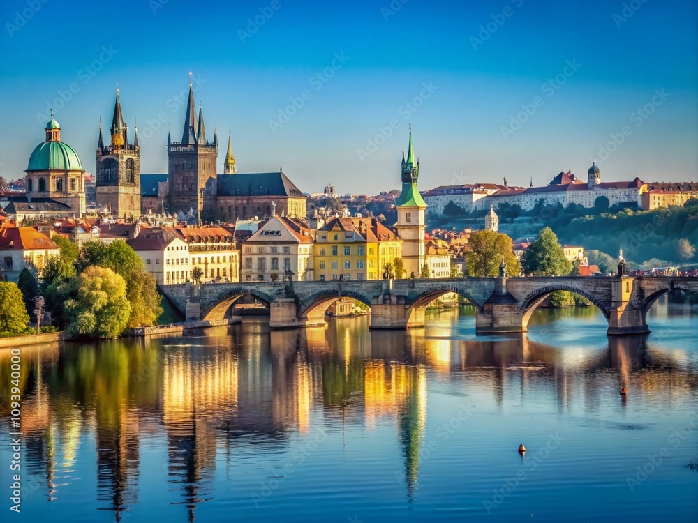 Minimalist View of Prague's Iconic Skyline with the Vltava River, Featuring Historic Bridges and Serene Architecture Under a Clear Blue Sky Minimalist View of Prague's Iconic Skyline with the Vltava River, Featuring Historic Bridges and Serene Architecture Under a Clear Blue Sky