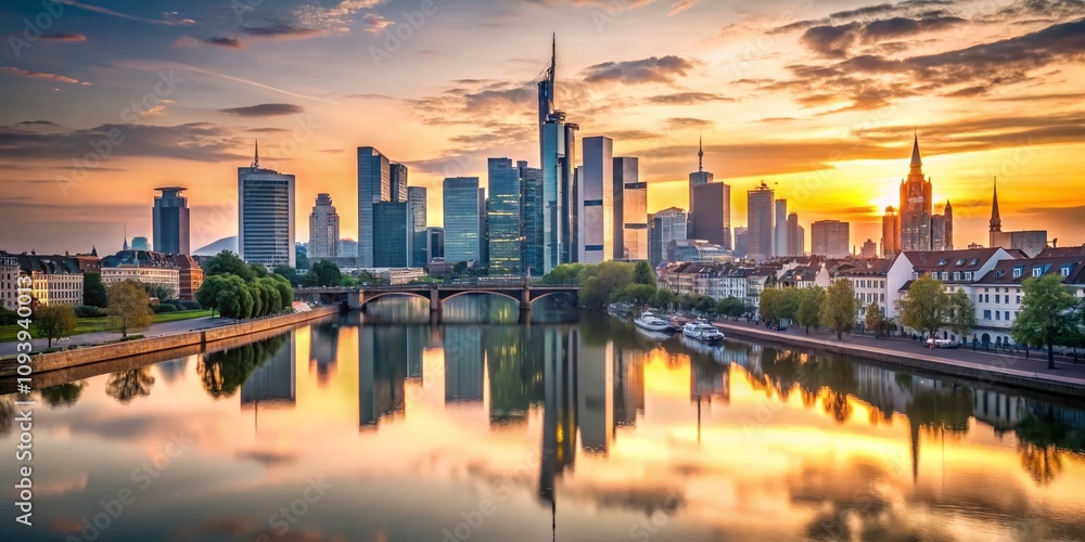 Fototapeta premium Minimalist View of Frankfurt's Skyline: A Serene Perspective on Modern Architecture and Urban Life in the Vista Area, Capturing the Essence of the City’s Unique Character