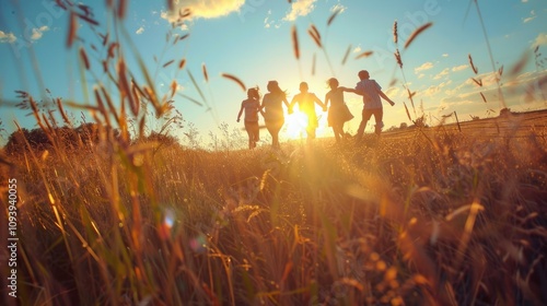 Silhouettes of People Running Towards the Sunset in a Field