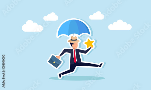 A businessman wearing a hat with an umbrella runs while holding a star, illustration of maintaining business quality stability while striving to improve it