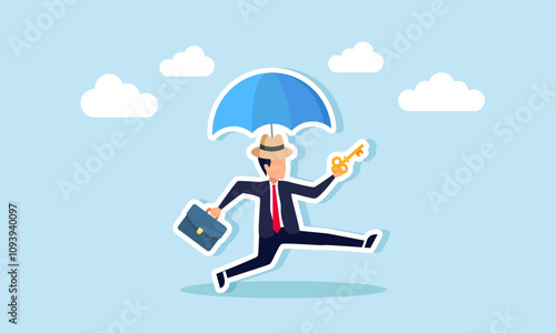 A businessman wearing a hat with an umbrella runs while holding a key, illustration of maintaining confidentiality and the key to a company's business