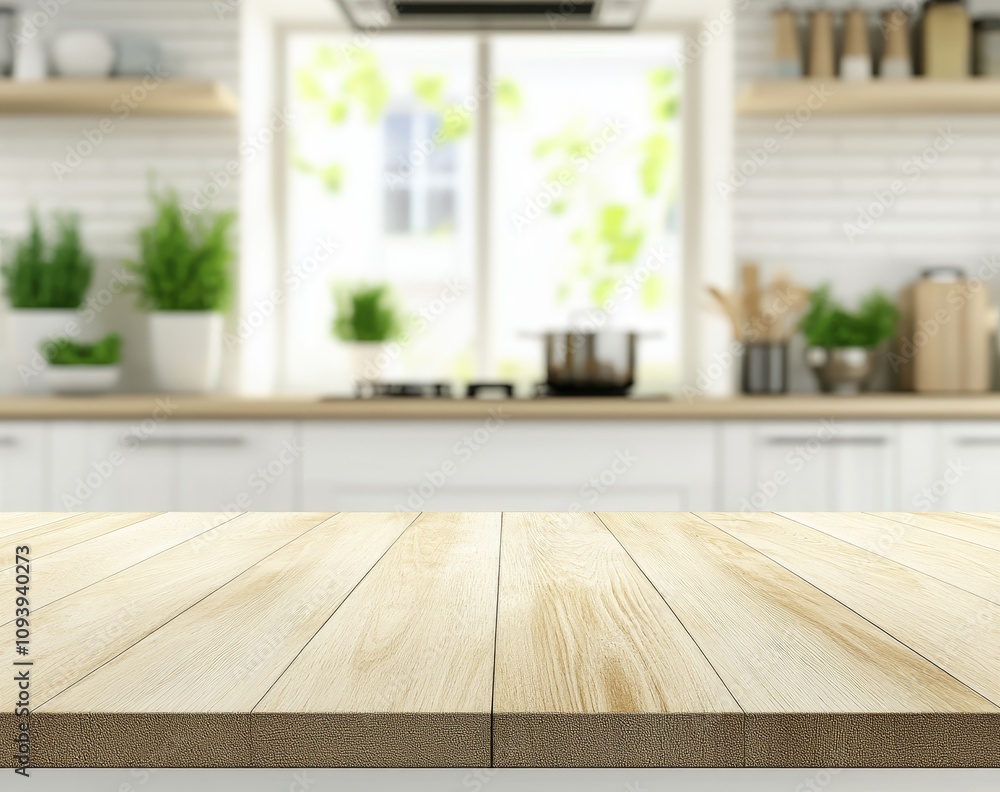Empty wooden table top with blurred background of a kitchen with white cabinets, a window with green plants, and a kitchen sink. Empty wooden table top with blurred background of a kitchen with white cabinets, a window with green plants, and a kitchen sink.