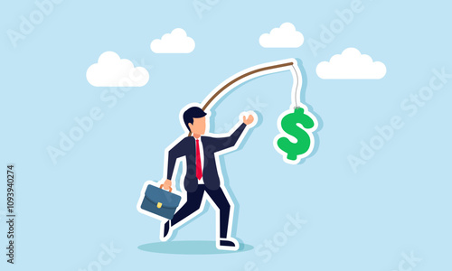 A businessman tries to catch a dollar sign hanging from a rope tied to a wooden plank attached to his body, illustration of efforts to gain business profit