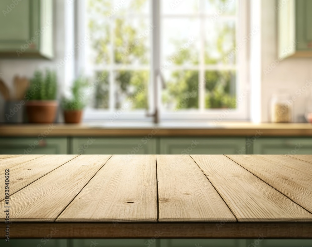 Wooden table top with blurred kitchen background and window with sunlight. Wooden table top with blurred kitchen background and window with sunlight.