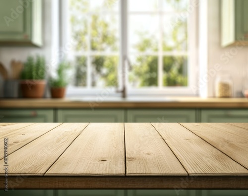 Wooden table top with blurred kitchen background and window with sunlight.