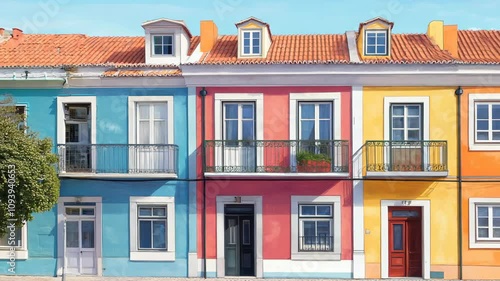 Generative AI of view to street the facade of old houses in lisbon 4K Video