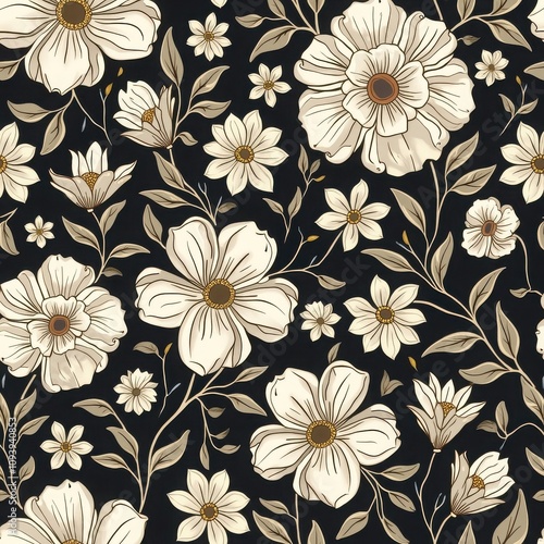 Intricate black-and-white floral pattern with neutral tones, perfect for wallpapers, textiles, or elegant design projects 