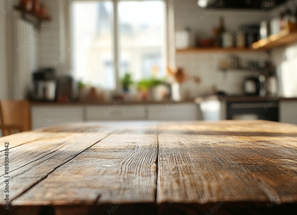 Close up of a wooden table with a blurred background of a kitchen. Close up of a wooden table with a blurred background of a kitchen.