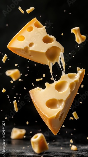 Floating Gouda Cheese with Shreds in Hyper-Realistic Detail