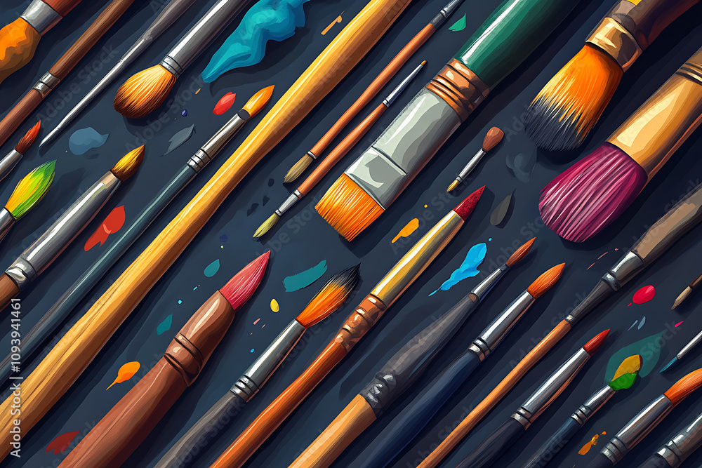 A vibrant collection of paintbrushes and colorful paints arranged artistically. A vibrant collection of paintbrushes and colorful paints arranged artistically.
