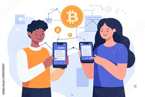 Two colleagues using mobile wallets to send and receive Bitcoin, emphasizing the practicality of cryptocurrency in everyday life photo