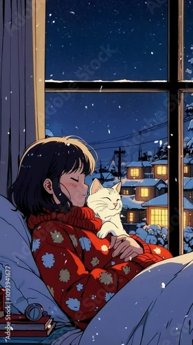 anime girl sleeping, lofi, snow falling, snowy, 4K resolution, peaceful, plant, night, sound, music, 4K Lofi Japanese Anime-style background animation video, christmas lofi, snow falling ambient