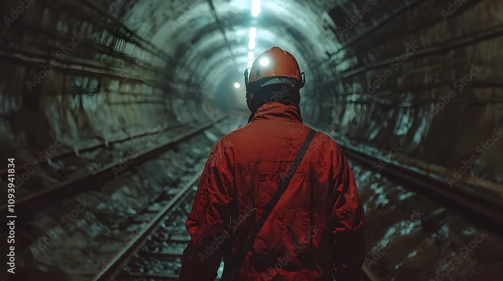 Obraz premium Exploring the Depths Miner in Red Gear Abandoned Tunnel Photography Dark Environment Unique Perspective Industrial Exploration