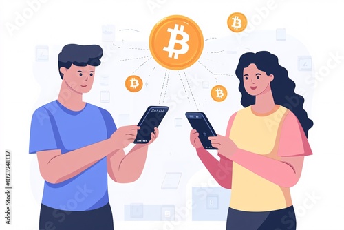 An illustration of a smooth Bitcoin exchange between two users with mobile wallets, highlighting trust and efficiency photo