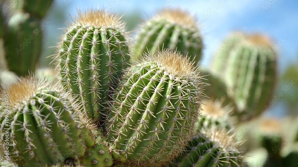 Close-up of green cactus with spines and a blue sky background. Close-up of green cactus with spines and a blue sky background.