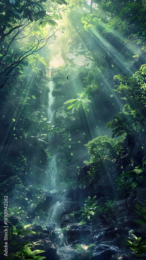 Obraz premium Tranquil Waterfall in a Lush Tropical Rainforest - Serene Landscape Photography