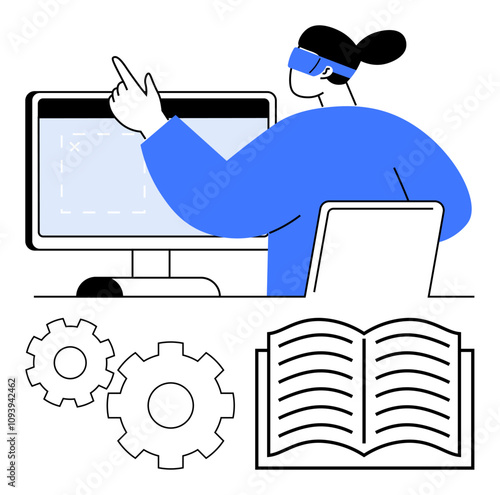 Woman wearing VR headset engages with computer monitor. Gears and an open book represent technology and knowledge. Ideal for education, tech innovation, virtual reality, training, learning