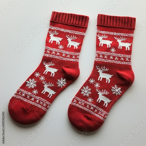 Ultra-Realistic Red Knitted Christmas Socks with Snowflake and Reindeer Design