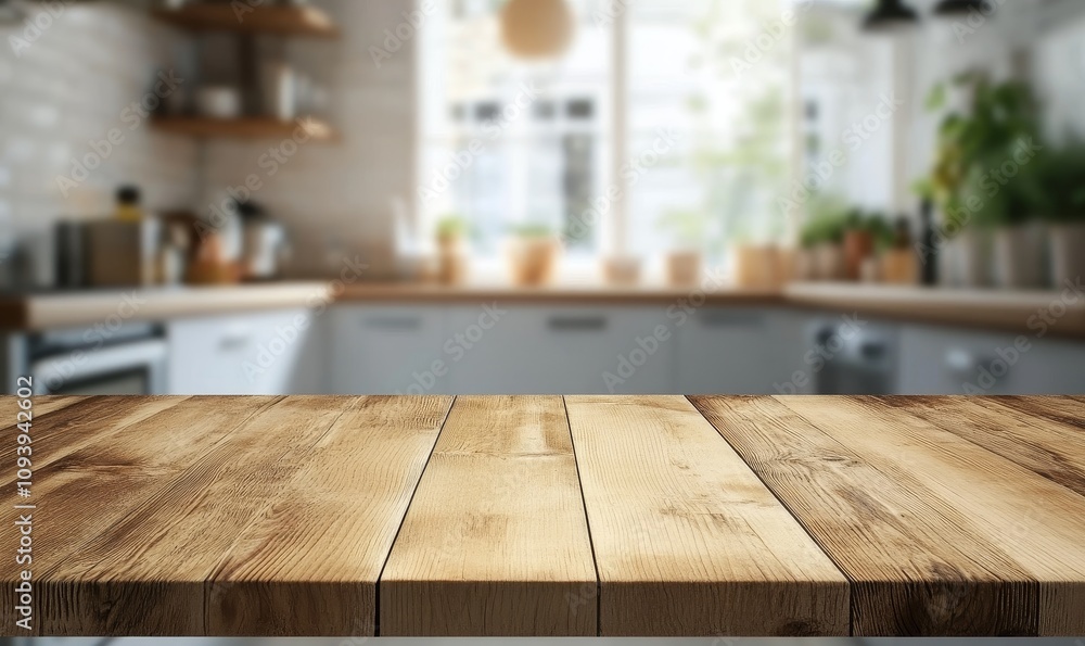 A close-up of a wooden table top with a blurred background of a modern kitchen. A close-up of a wooden table top with a blurred background of a modern kitchen.