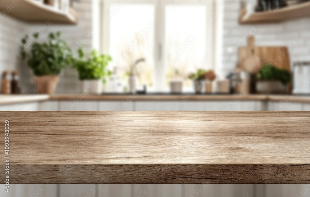 Empty wooden countertop in a modern kitchen with white cabinets and a window in the background. Empty wooden countertop in a modern kitchen with white cabinets and a window in the background.