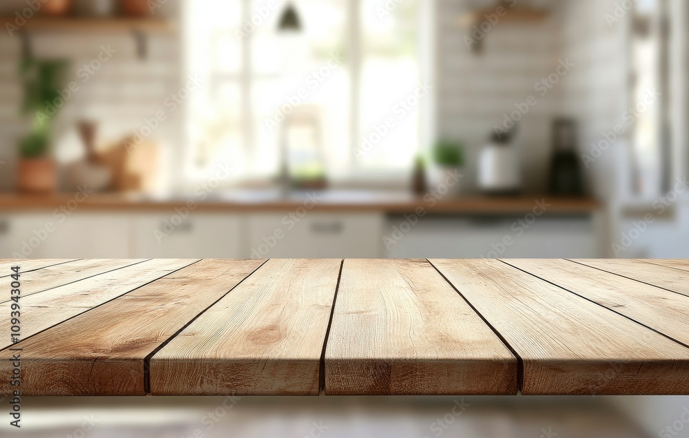 Empty wooden tabletop with blurred kitchen background. Empty wooden tabletop with blurred kitchen background.