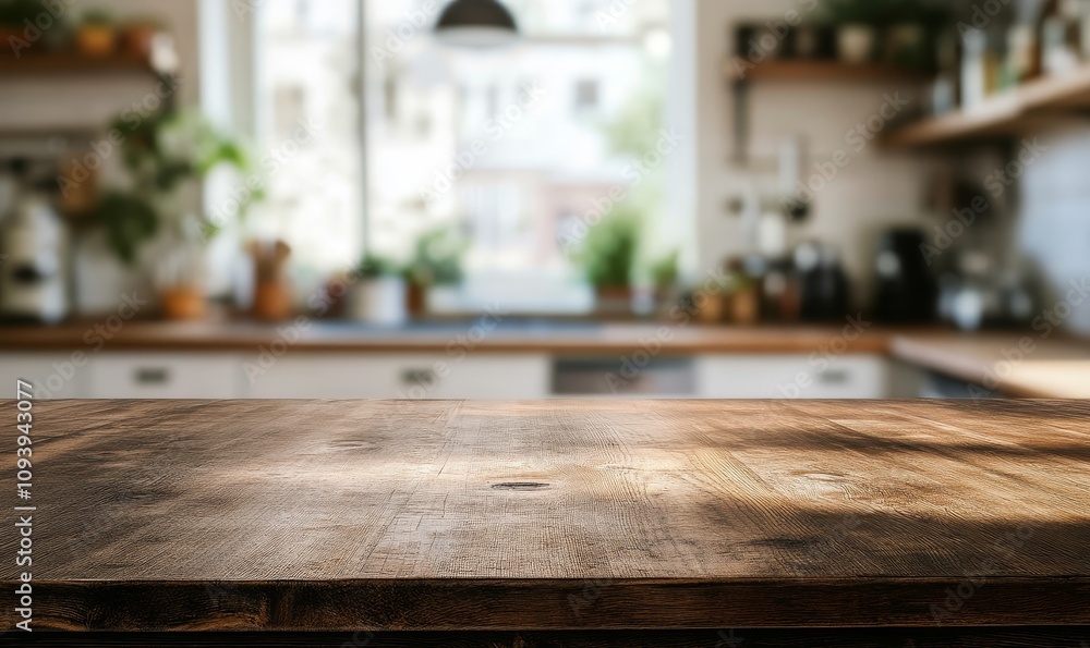 A wooden countertop with a blurred background of a kitchen. A wooden countertop with a blurred background of a kitchen.
