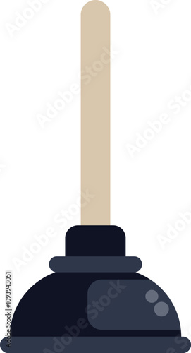 Black rubber plunger with wooden handle standing on white background, designed in flat style
