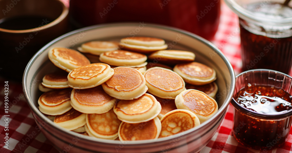 Delicious mini pancakes served with syrup and jam on a checkered tablecloth at a cozy brunch gathering in a warm and inviting kitchen setting Delicious mini pancakes served with syrup and jam on a checkered tablecloth at a cozy brunch gathering in a warm and inviting kitchen setting