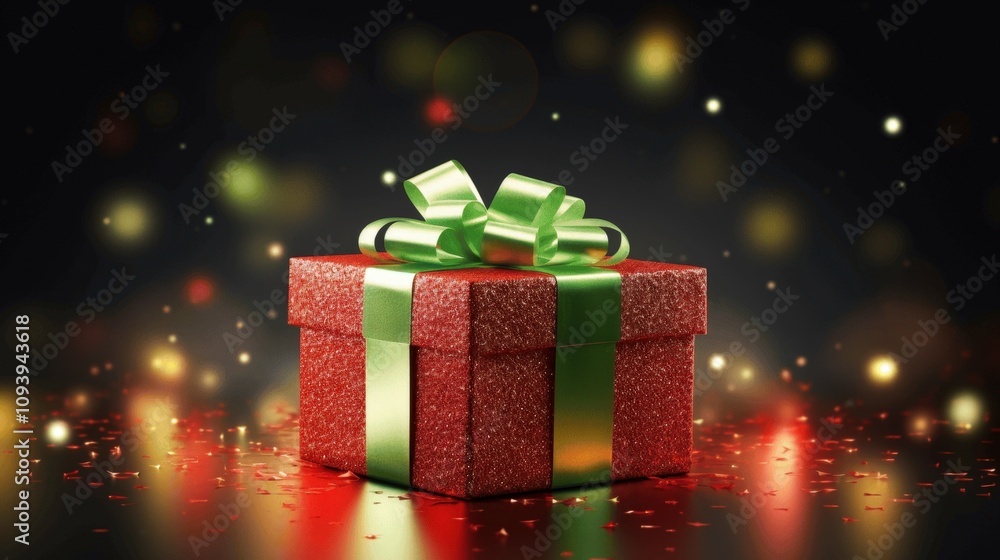Sparkling Red Gift Box with Green Ribbon Sparkling Red Gift Box with Green Ribbon