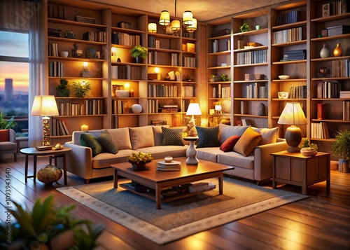 Modern Living Room Featuring Cozy Bookshelves in a Warm Atmosphere with a Tilt-Shift Perspective for a Unique Visual Experience