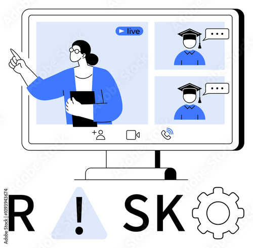 Teacher pointing during live online class with students in graduation caps. Risk text with exclamation. Ideal for education, e-learning, risk management, remote work, communication, training, virtual