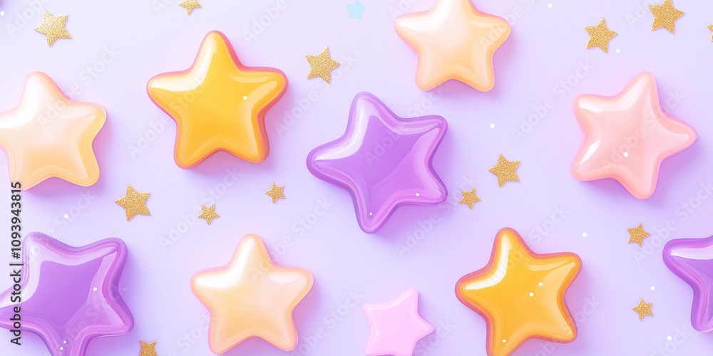 Yellow and purple gummy stars pattern in lavender background Yellow and purple gummy stars pattern in lavender background