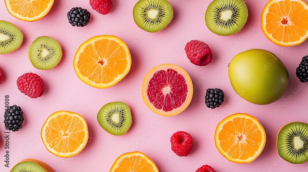Vibrant Array of Sliced Citrus and Berries on Pink Background Full of Color and Texture : Generative AI Vibrant Array of Sliced Citrus and Berries on Pink Background Full of Color and Texture : Generative AI