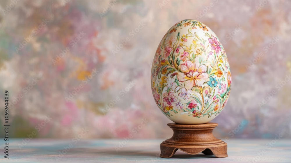 An artistically decorated Easter egg, hand-painted with intricate floral and religious designs, displayed on a wooden stand against a soft, pastel background An artistically decorated Easter egg, hand-painted with intricate floral and religious designs, displayed on a wooden stand against a soft, pastel background