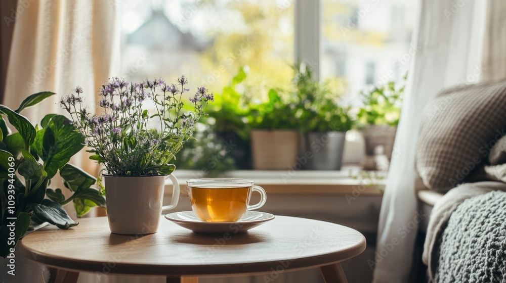 A relaxing home environment with an open window, fresh air, indoor plants, and a cup of herbal tea on a table, promoting mindfulness and relaxation A relaxing home environment with an open window, fresh air, indoor plants, and a cup of herbal tea on a table, promoting mindfulness and relaxation