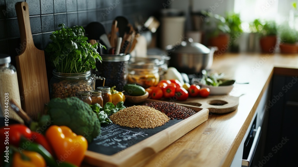 A weekly meal plan written on a chalkboard in a kitchen, with fresh produce, quinoa, and colorful spices laid out, ready for preparation A weekly meal plan written on a chalkboard in a kitchen, with fresh produce, quinoa, and colorful spices laid out, ready for preparation