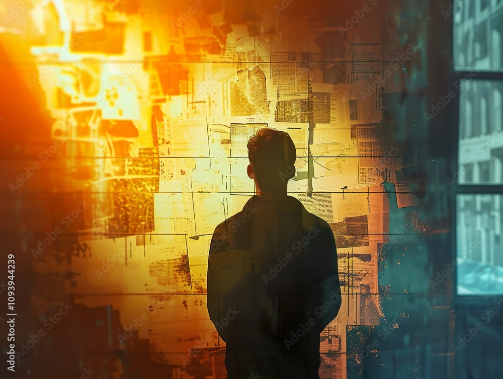Silhouette of a Man Lost in Thought Against a Wall of Abstract Patterns Silhouette of a Man Lost in Thought Against a Wall of Abstract Patterns