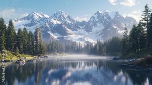 A dramatic view of towering snow-capped mountains reflecting in a tranquil alpine lake, surrounded by lush evergreen forests and misty morning light