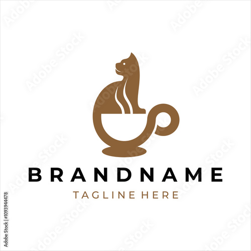 A logo that combines a cat and a coffee cup. The logo is brown.