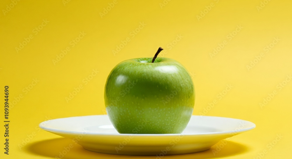 A single green apple centered on a white plate with a vivid yellow backdrop A single green apple centered on a white plate with a vivid yellow backdrop