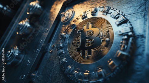A secure vault door with Bitcoin symbols on it, surrounded by digital shields and encryption codes, symbolizing the safety and protection of digital assets in the crypto world