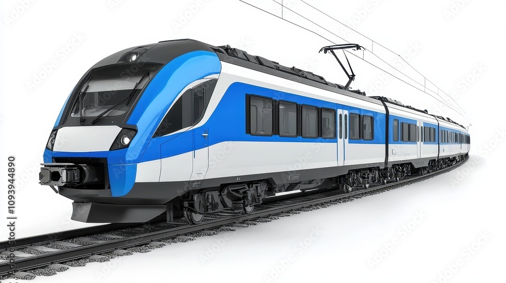 Fototapeta premium Modern electric train on tracks, white background.