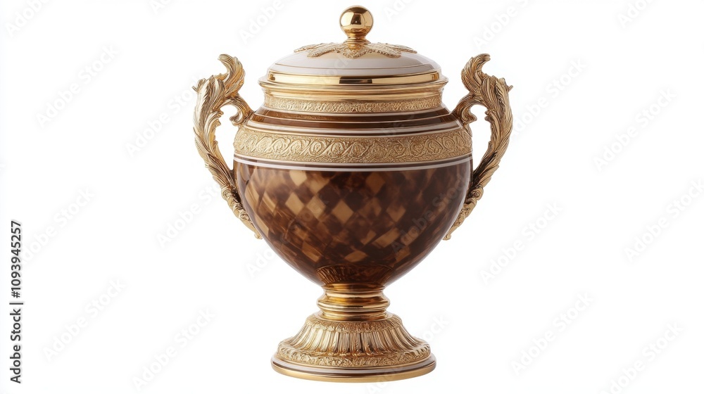 Elegant brown and gold urn with ornate details and handles, isolated on white. Elegant brown and gold urn with ornate details and handles, isolated on white.